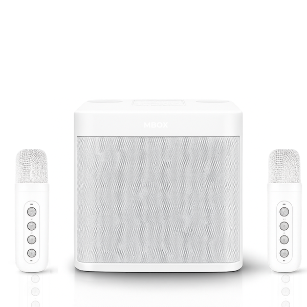 Karaokê Mbox potente branco com 2 microfones sem fio