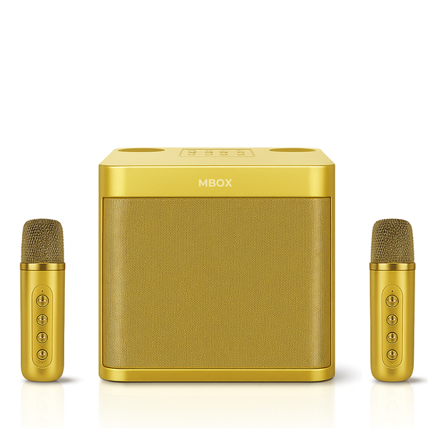 Karaokê Mbox potente dourado com 2 microfones sem fio
