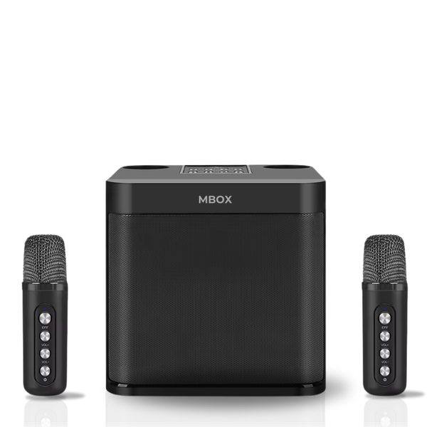 Karaokê Mbox potente preto com 2 microfones sem fio